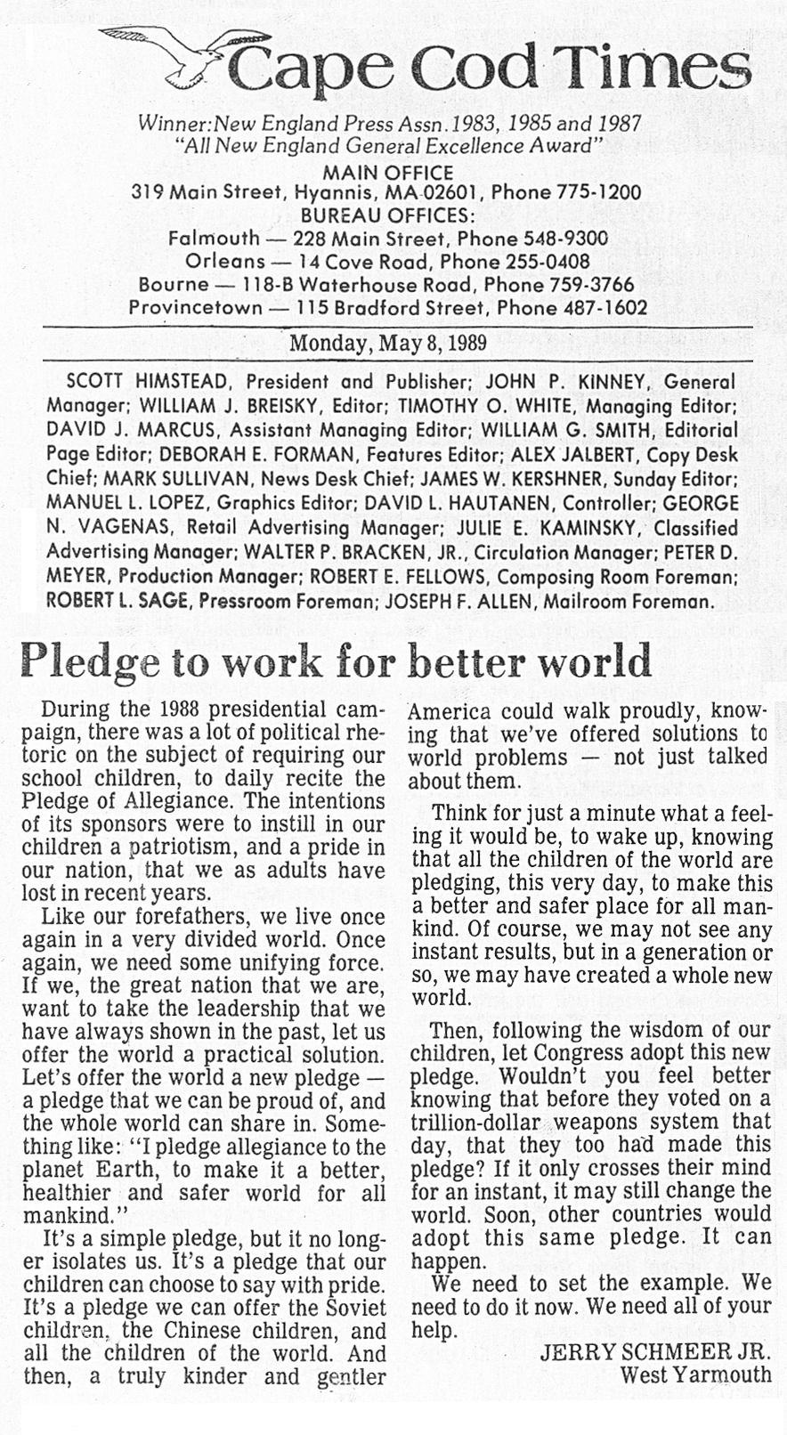 Scanned May 8, 1989 Cape Cod Times editorial titled Pledge to work for better world.