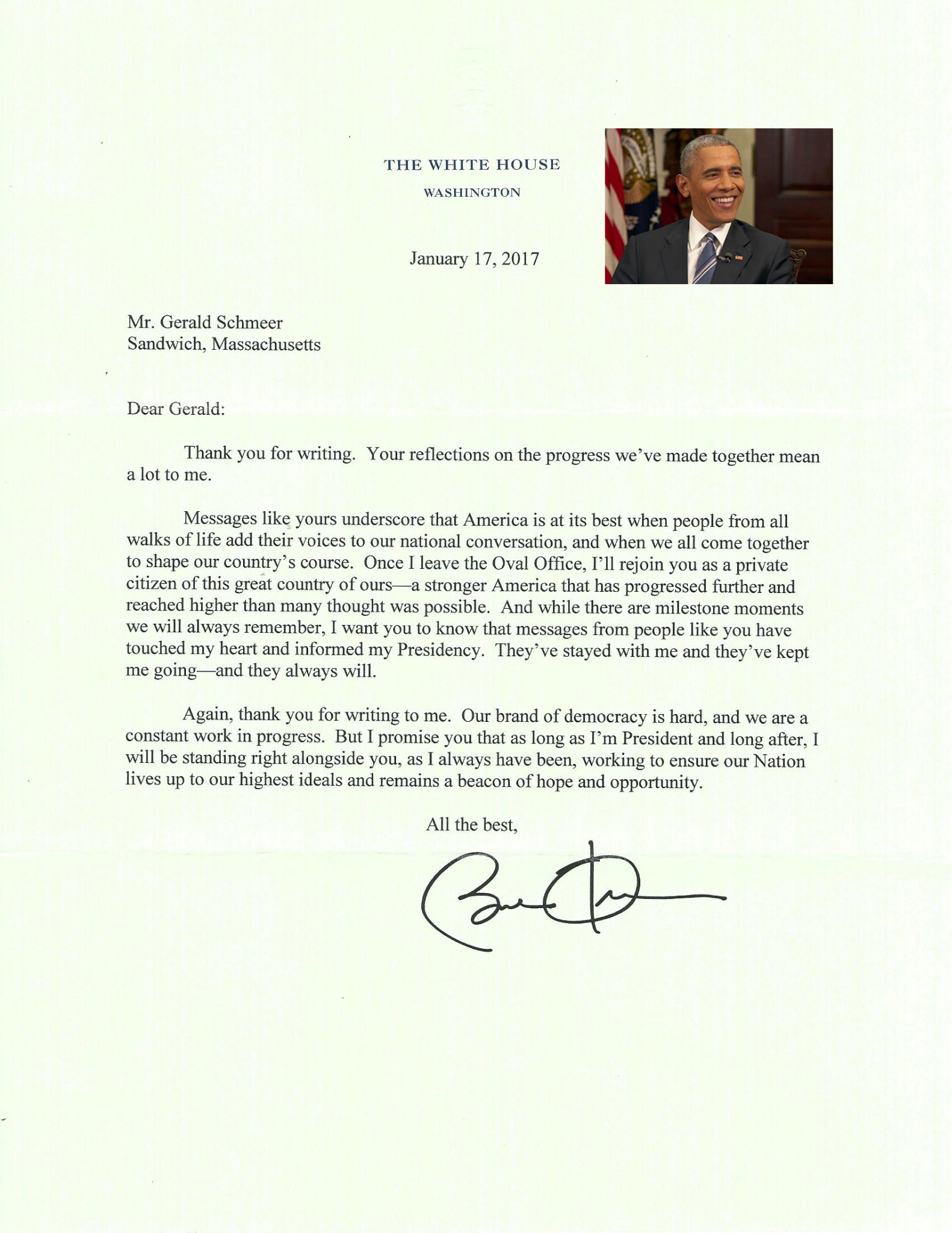 Scanned White House letter (January 17, 2017).
