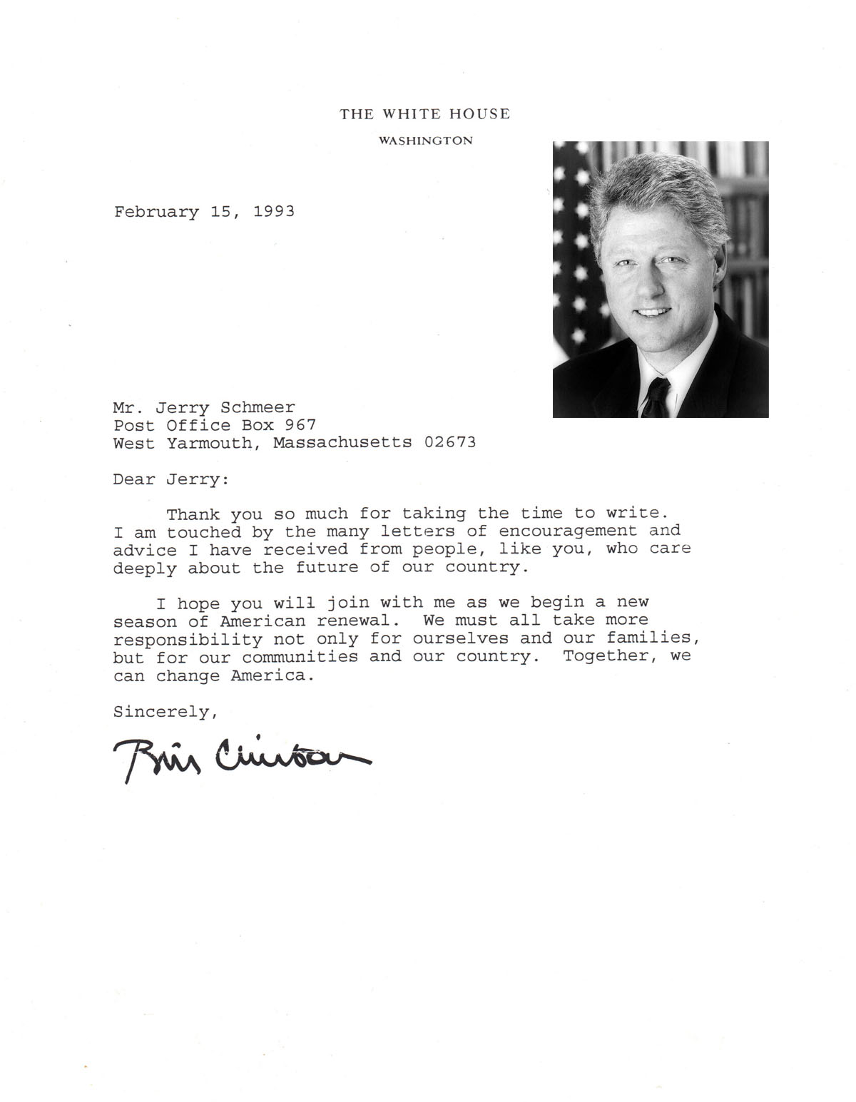 Scanned White House letter dated February 15, 1993.