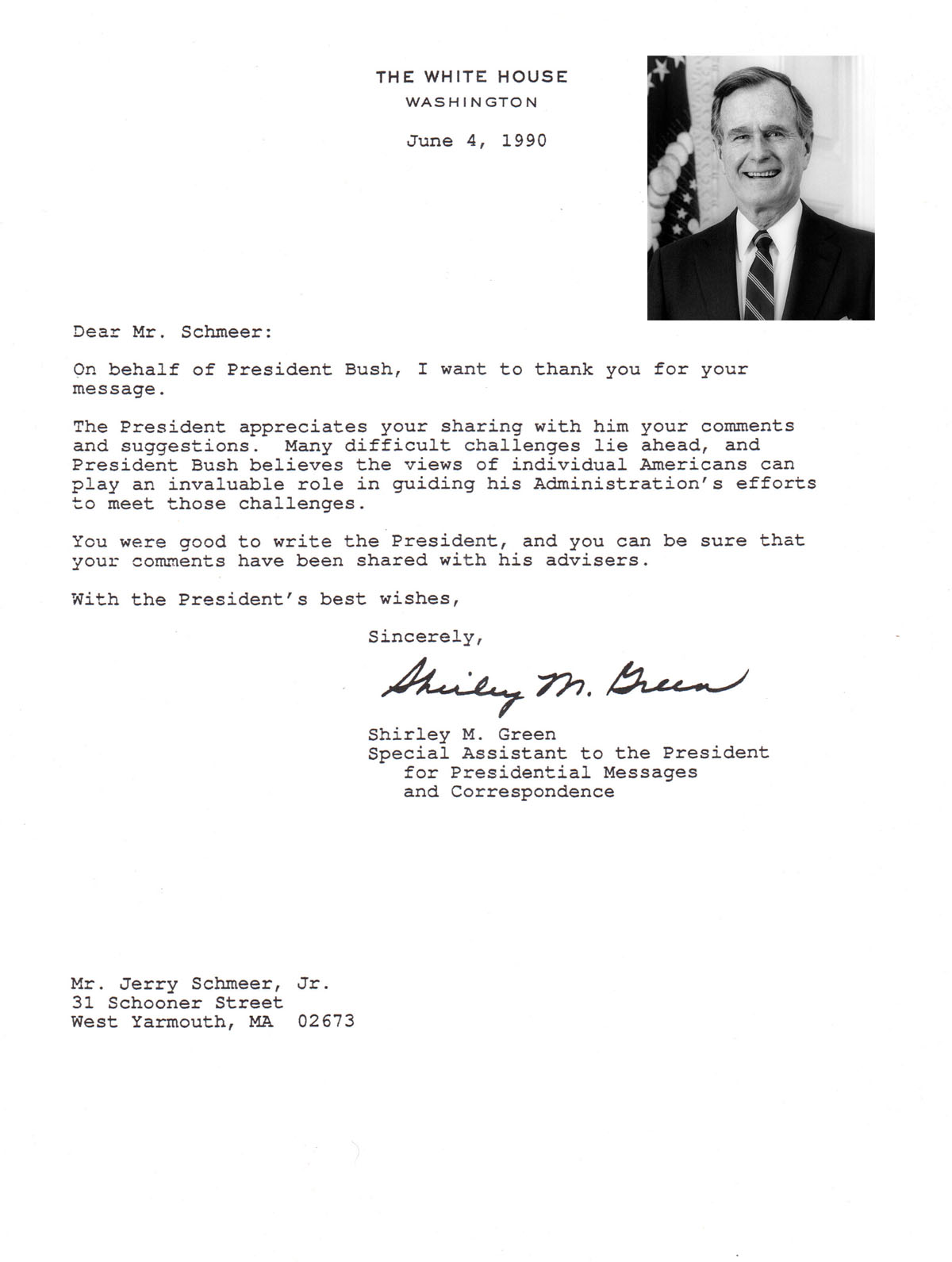 Scanned White House letter dated June 4, 1990.