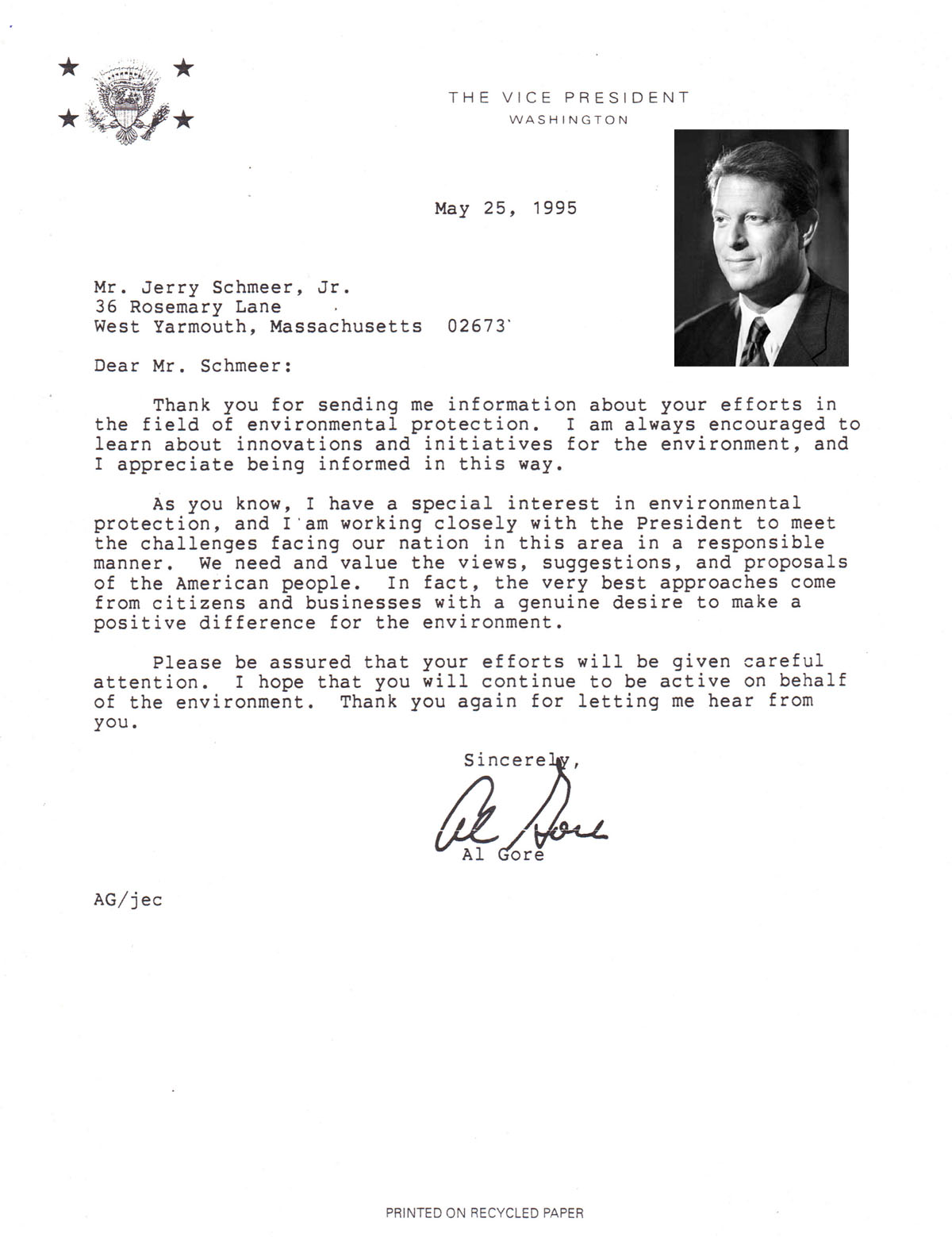 Scanned letter from the Office of the Vice President dated May 25, 1995.
