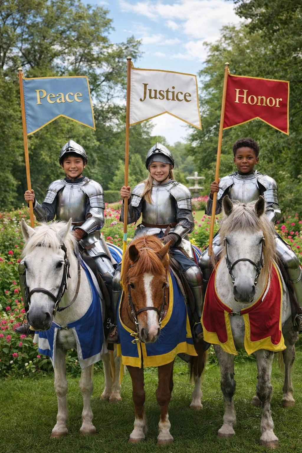 Young Global Knights holding banners: Peace, Justice, Honor